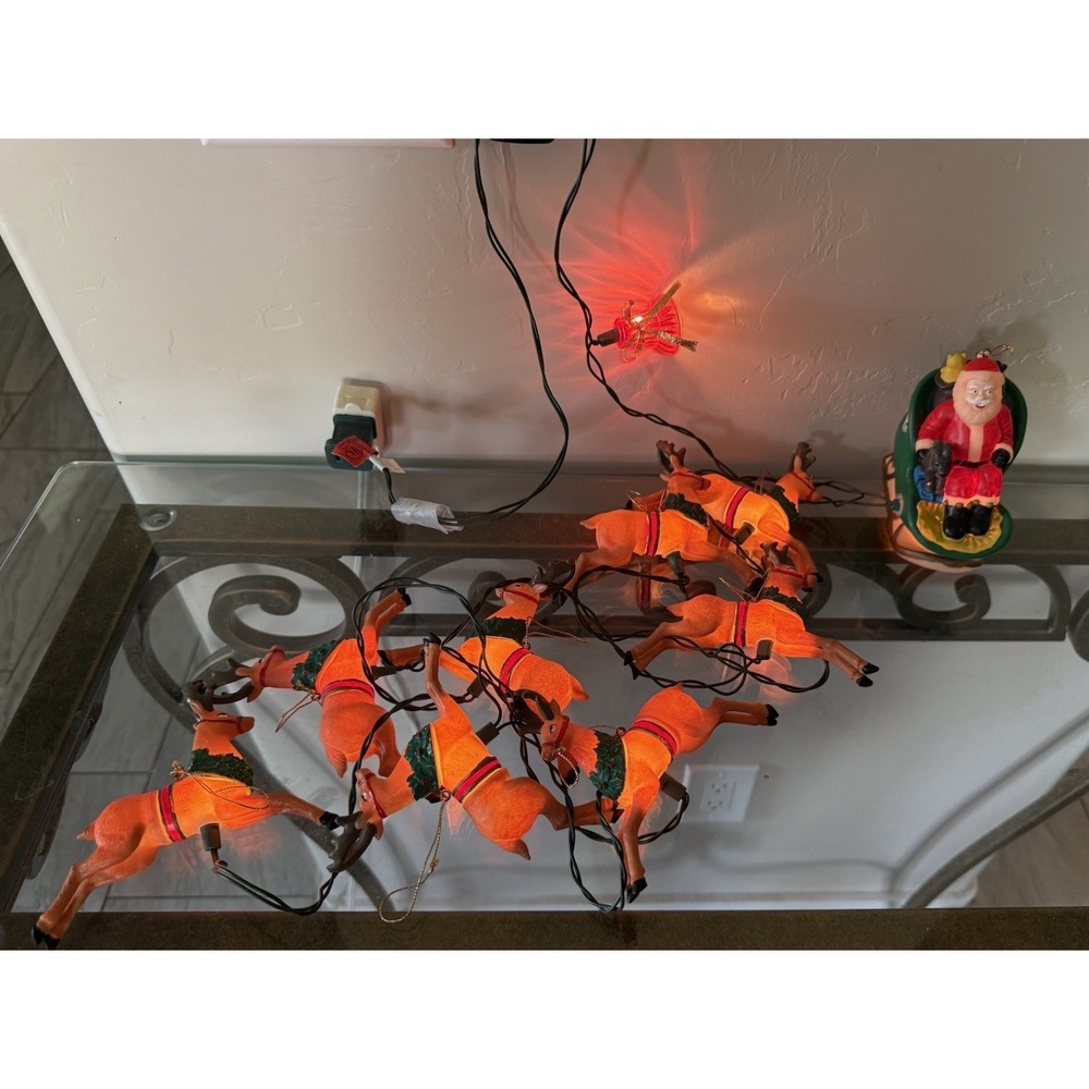 Vintage Kurt Adler Lighted SANTA Sleigh 8 Reindeer Novelty Christmas Lights